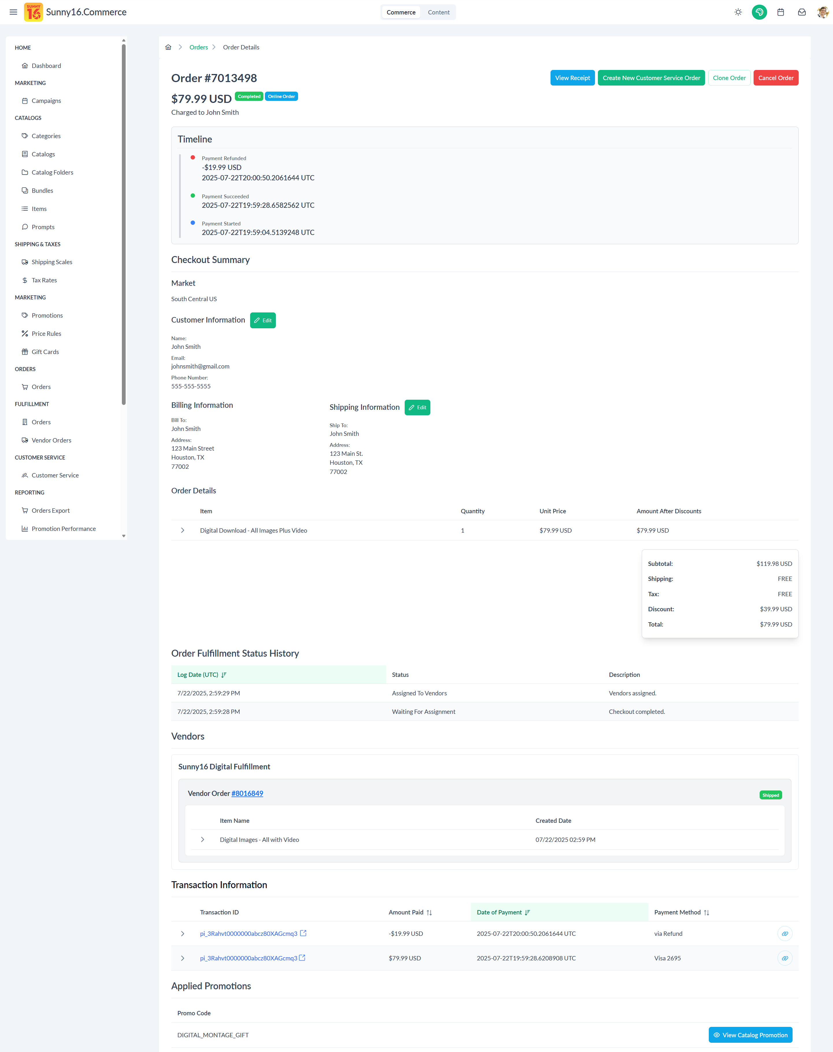 Sunny16 order details with financial breakdown